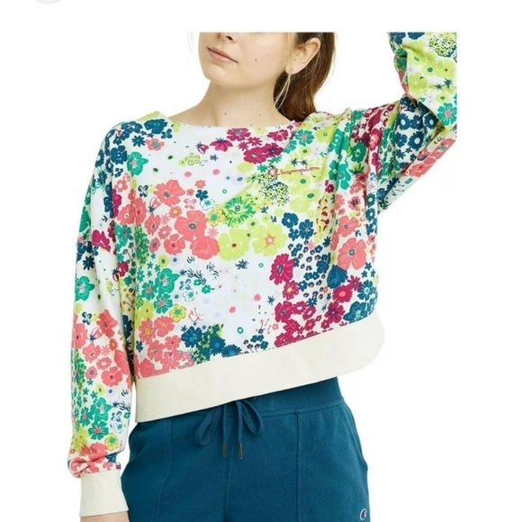 Champion Colorful Floral Cropped Boatneck Pullover with Raw Seams Size Large - Picture 2 of 7
